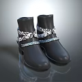 Black Ankle Boots With Decorative Straps Floral Patterns And Silver Chains 3d model
