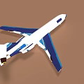 Simple Blue and White Airplane Model Flying Against Brown Background