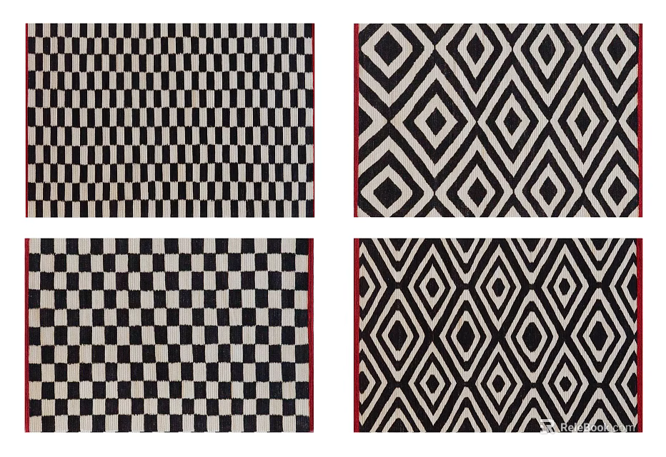 Black And White Square Rugs With Geometric Checkerboard And Diamond Patterns 3d model 
