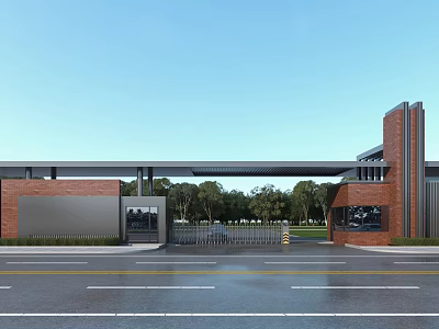 Modern Brick Entrance Gate With Metal Overhead Beam And Surrounding Green Trees 3d model