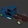 Blue Vintage Truck Model with Detailed Trailer Chassis and Classic Design Features