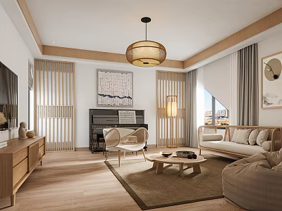 Modern Living Room Interior With Wooden Furniture Piano Hanging Lamp Lattice Screens And Decorative Painting 3d model