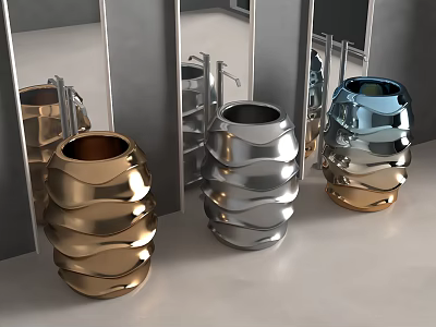 Elegant Modern Washbasin Interior With Metallic Vases And Mirror Reflections 3d model