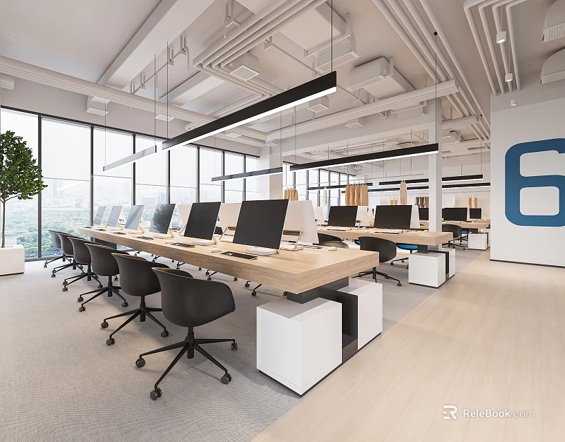 Modern Public Office Space Design With Open Layout Long Desks Computers And Black Chairs 3d model