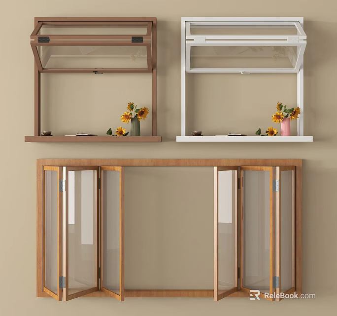Wooden And White Display Cabinets With Sunflowers In Vases And Glass Doors 3d model 