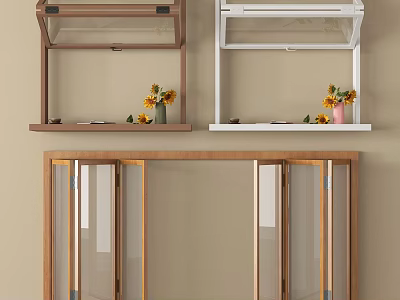 Wooden And White Display Cabinets With Sunflowers In Vases And Glass Doors 3d model