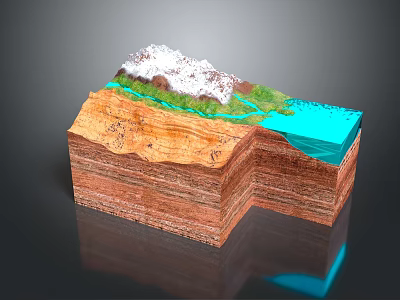 Scenic Garden Landscape Featuring Layered Soil Green Vegetation Blue Water and Snowy Peak 3d model