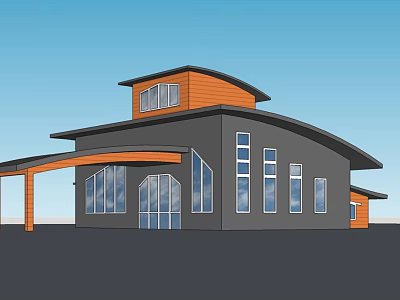 Modern Detached House Exterior With Gray Orange Design Large Windows And Sloped Roof 3d model