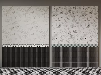Elegant Wallpaper Design With Light Background Butterflies Flowers Bottom Border And Checkered Floor 3d model