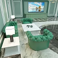 Elegant Office Interior With Green Walls Curtains Chandelier Marble Floor Desk Chairs And Green Sofas
