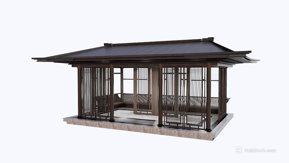 Modern Wooden Landscape Pavilion With Dark Roof Open Structure And Bench Seating 3d model 