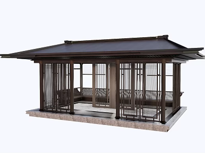 Modern Wooden Landscape Pavilion With Dark Roof Open Structure And Bench Seating 3d model
