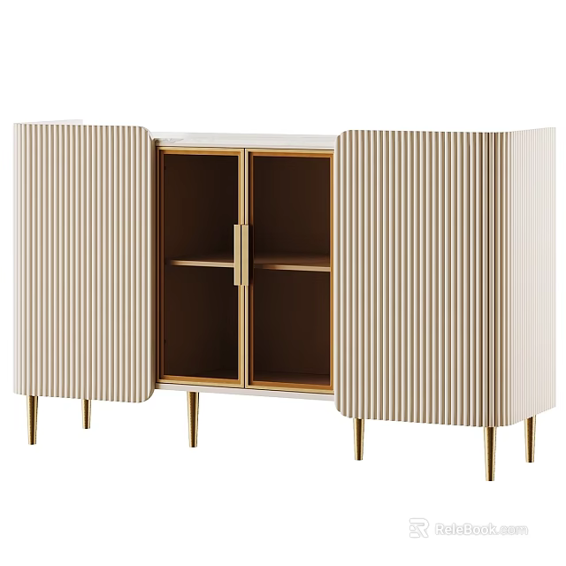 Modern Beige Ribbed Cabinet With Open Doors Shelves And Gold Metal Legs 3d model 