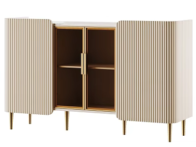 Modern Beige Ribbed Cabinet With Open Doors Shelves And Gold Metal Legs 3d model