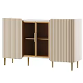 Modern Beige Ribbed Cabinet With Open Doors Shelves And Gold Metal Legs