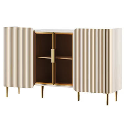 Modern Beige Ribbed Cabinet With Open Doors Shelves And Gold Metal Legs 3d model
