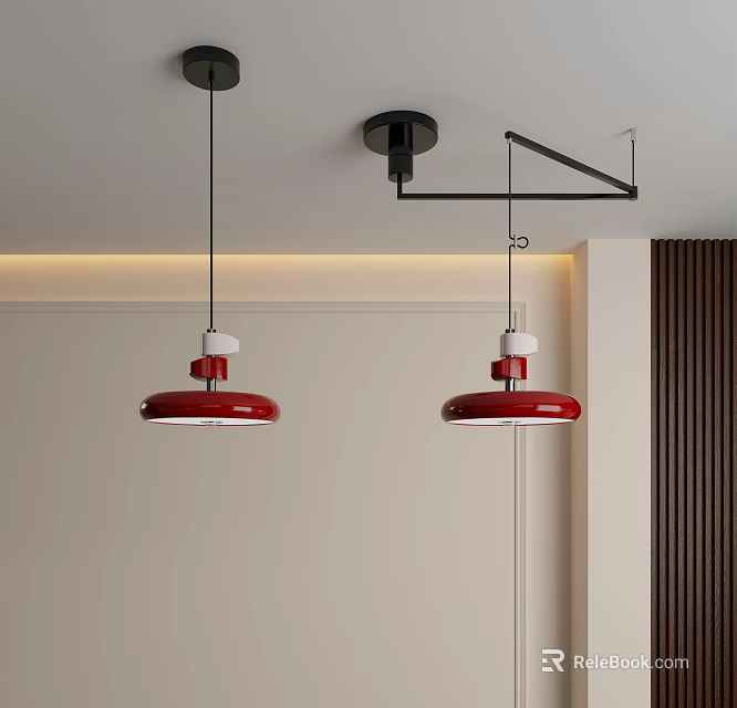 Two Red Round Modern Pendant Lights Hanging In Minimalist Interior Space 3d model 