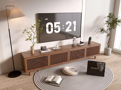 Modern Wooden TV Stand with TV Potted Plants Floor Lamp Rug and Decorative Items 3d model