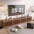 Modern Wooden TV Stand with TV Potted Plants Floor Lamp Rug and Decorative Items