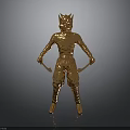 Golden Cat Headed Humanoid Statue With Textured Armor And Holding Weapons On Dark Reflective Surface