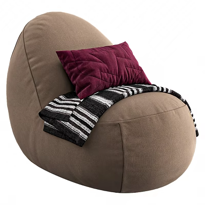 Cozy Brown Fabric Lazy Sofa With Quilted Pillow And Striped Throw Blanket For Modern Home 3d model