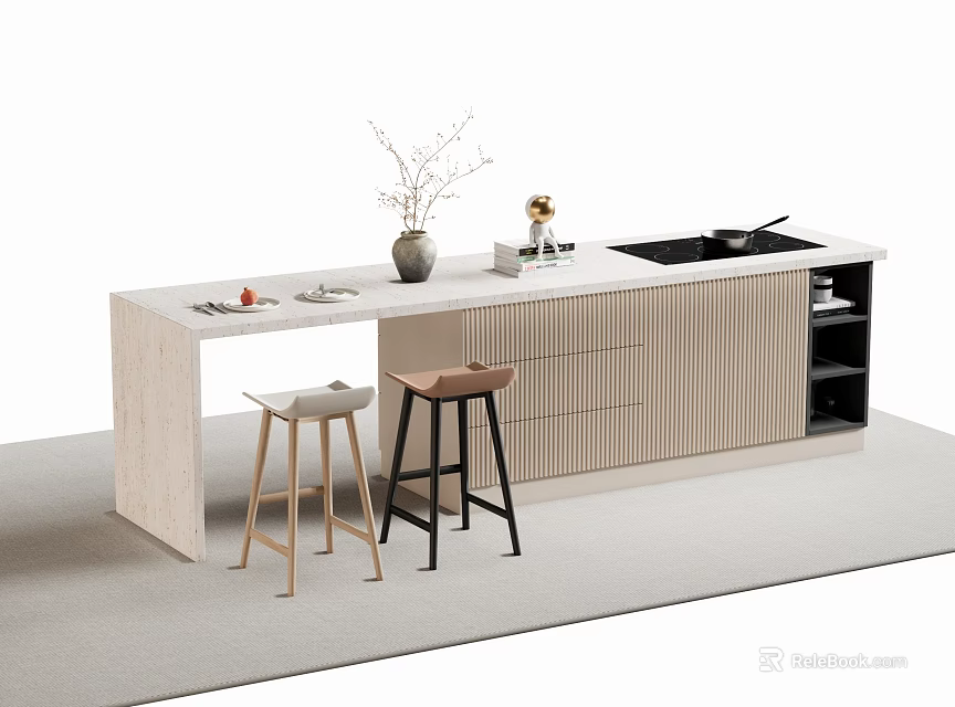 Modern Bar Counter With Light Wood Top Beige Black Stools Flower Vase Fruit Decor 3d model 