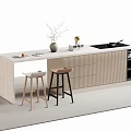 Modern Bar Counter With Light Wood Top Beige Black Stools Flower Vase Fruit Decor