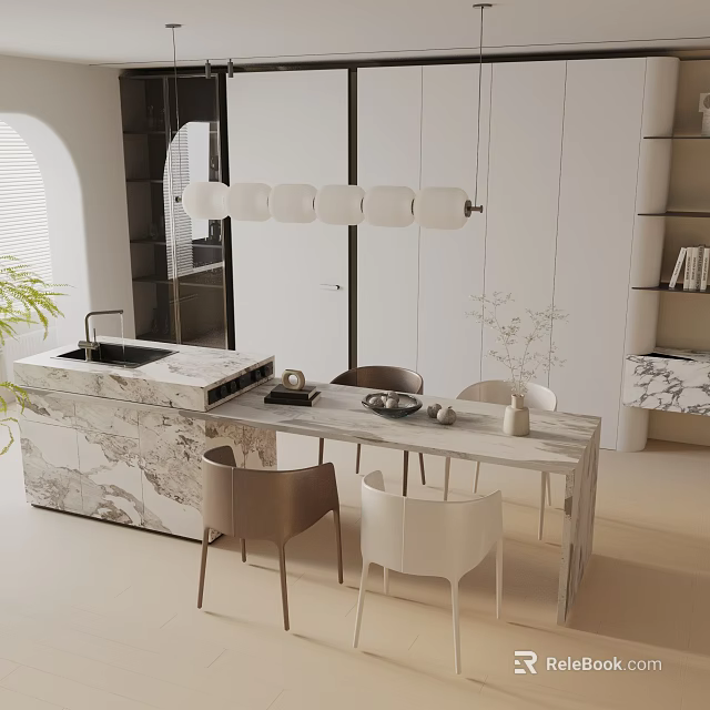 Modern Dining Table Set With Marble Countertop Brown And White Chairs And Pendant Lights 3d model 