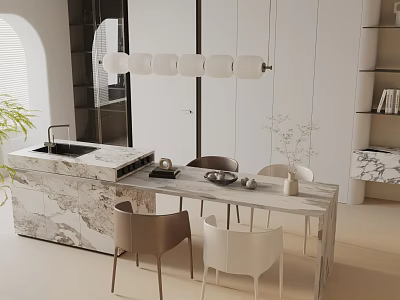 Modern Dining Table Set With Marble Countertop Brown And White Chairs And Pendant Lights 3d model