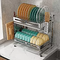 Stainless Steel Kitchen Dish Rack Organizer Set With Colorful Plates Bowls And Chopsticks