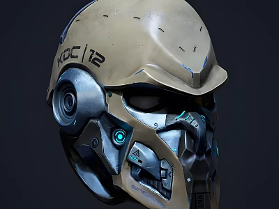 Futuristic Mechanical Helmet With Beige Metallic Finish And Blue Glowing Elements KDC 12 Marking 3d model