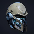 Futuristic Mechanical Helmet With Beige Metallic Finish And Blue Glowing Elements KDC 12 Marking