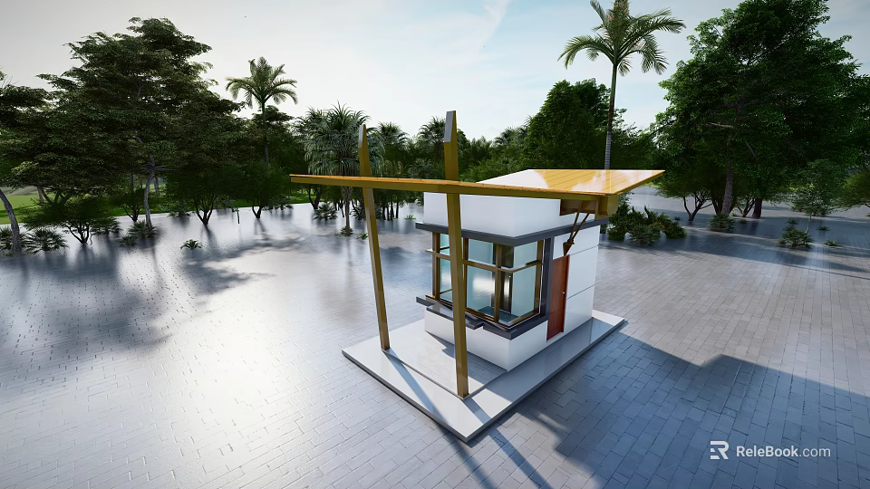 Modern Outdoor Small Structure With Yellow Roof White Walls And Surrounding Trees 3d model 