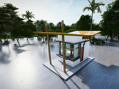 Modern Outdoor Small Structure With Yellow Roof White Walls And Surrounding Trees 3d model