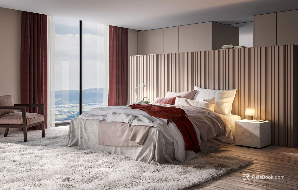 Modern Bedroom With Bed in the Background Large Window Red Curtains and Wooden Headboard 3d model 