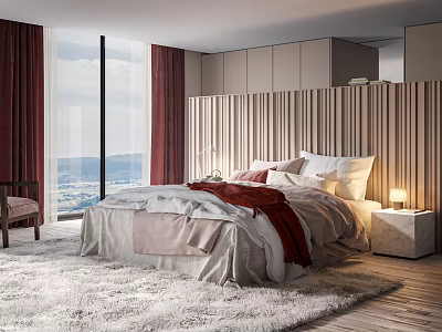 Modern Bedroom With Bed in the Background Large Window Red Curtains and Wooden Headboard 3d model