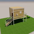 Outdoor Wooden House With Green And Yellow Slide Balcony And Stairs On Grass