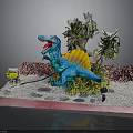 Vibrant Dinosaur Scene With Blue Dinosaur Yellow Fin Open Mouth Green Plants Gravel Ground