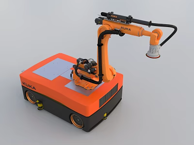 Orange Intelligent Mobile Robot Equipped With Robotic Arm And Wheeled Platform 3d model