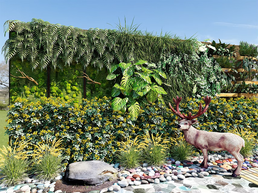 Lush Green Plant Wall Featuring Plants Yellow Flowers Deer Statue And Pebbles In Garden 3d model 