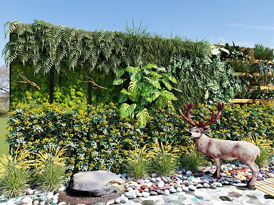 Lush Green Plant Wall Featuring Plants Yellow Flowers Deer Statue And Pebbles In Garden 3d model