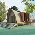 Modern Curved Wooden Building by Waterfront With Trees Arc Roof Design And Green Surroundings