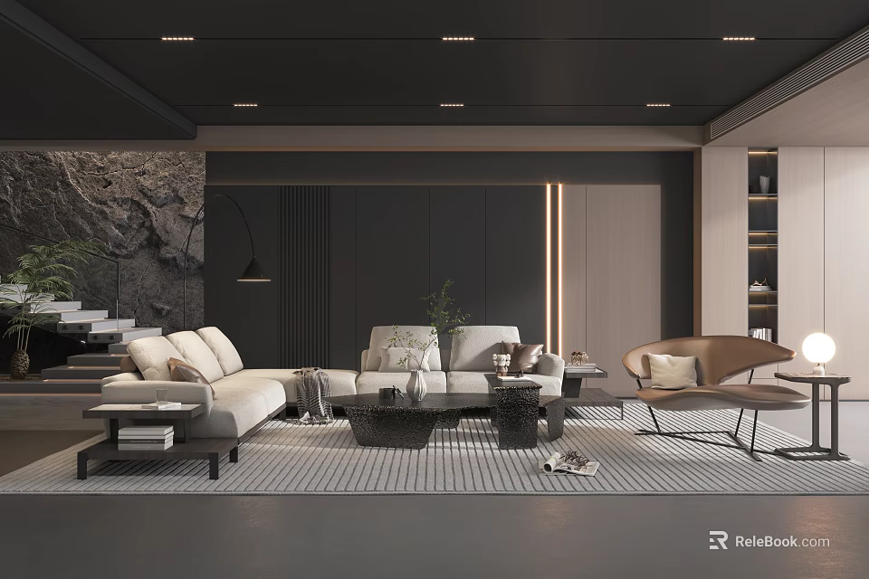 Modern Living Room Interior Design With Beige Sofa Coffee Table Accent Chair And Textured Rug 3d model 
