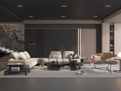 Modern Living Room Interior Design With Beige Sofa Coffee Table Accent Chair And Textured Rug 3d model