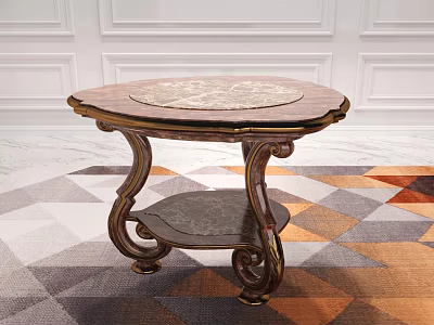 Octagonal Antique Table With Marble Top And Carved Legs On Geometric Carpet 3d model