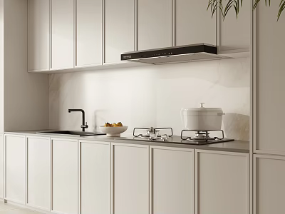 Modern Kitchen With White Cabinets Range Hood Stove Sink And Marble Countertop 3d model