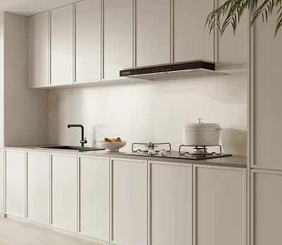 Modern Kitchen With White Cabinets Range Hood Stove Sink And Marble Countertop 3d model
