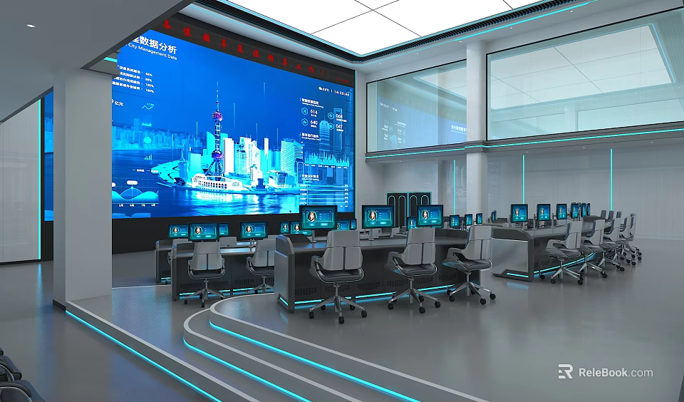 Modern Monitoring Control Room With Large City View Screens Multiple Workstations And Computers 3d model 