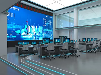 Modern Monitoring Control Room With Large City View Screens Multiple Workstations And Computers 3d model