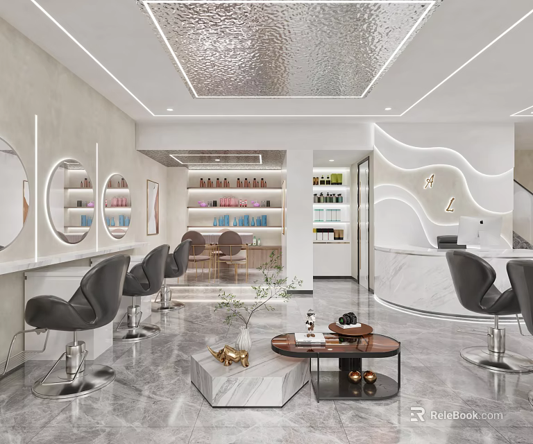 Elegant Modern Beauty and Hair Salon Interior With Styling Chairs Round Mirrors and Product Shelves 3d model 